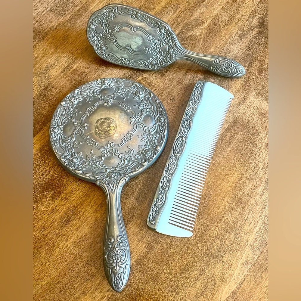 Vintage Art Deco Silver Plate Vanity Set w/Hand Mirror, Comb, and Handled Brush